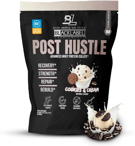[BRSROAI5A4HQOA35] BLACKLABEL Supplements Post Hustle Post Workout Protein Powder, 30 portioner - NSF Certified for Sport Whey Isolate Protein Powder med Digestive Enzymes - Cookies & Cream