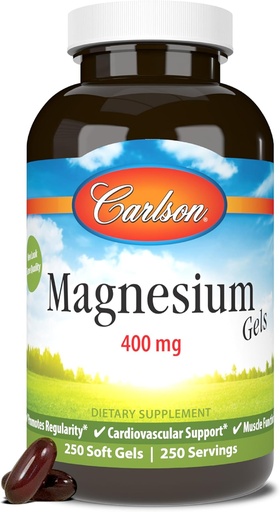 [BRSWIYYFAV5G2E3A] Carlson - Gels de magnésium, 400 mg de magnésium par Softgel, soutien cardiaque et musculaire, bouchons de gel de magnésium, fonction Bowel, supplément de magnésium, 250 Softgels