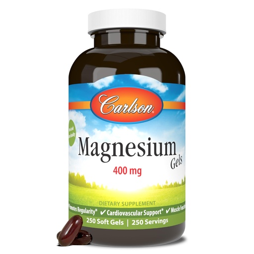[BRSWIYYFAV5G2E3A] Carlson - Magnesium Gels, 400 mg of Magnesium per Softgel, Heart & Muscle Support, Magnesium Gel Caps, Bowel Function, Magnesium Supplement, 250 Softgels