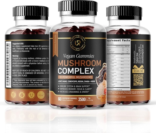[BRSROBT3AABQ4AA3] Mushroom Gummies | 10 Mushroom Supplement | 2500mg | Turkey Tail, Chaga, Reishi, Cordyceps & Lions Mane Organic Mushroom Extracts, Nootropic Brain Booster (180 Count (Pack of 3))