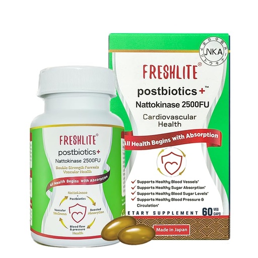 [BRSROCQPOEBWCDY3] FRESHLITE 2500FU Premium NSK-SD Nattokinase & Vegan Postbiotics for Cardiovascular Support | Blood Pressure, Cholesterol & Heart Health | JNKA Certified | Non-GMO, Gluten-Free, 60 Capsules Japan Made