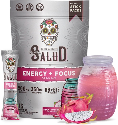 [BRSRA235DECQACTZ] Salud 2-in-1 Energy Drink Powder + Focus, Dragon Fruit, Organic Caffeine, B6 + B12, Theanine, Clean Energy Drink Packets, Pitaya Agua Fresca Mix, Non-GMO, Glutenfrei, Vegan, 1g Zucker, (15 Portionen)