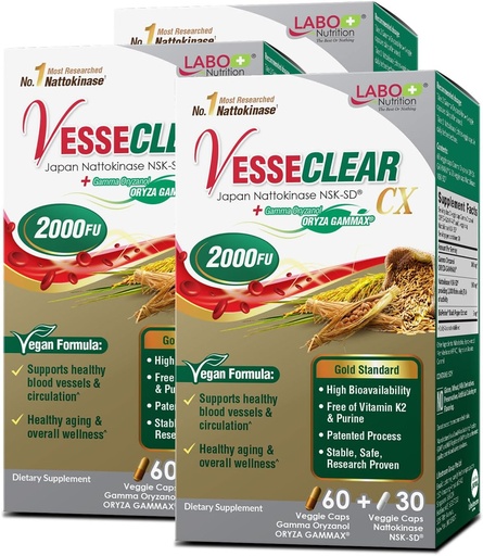 [BRSW2BQLO55WOALG] Labo Nutrition VesseCLEAR CX: Nattokinaza NSK-SD + Gamma Oryzanol pentru vase de sange curat si imbatranire sanatoasa, Japan's Cel mai studiat clinic, pentru Cholesterol sanatos, Inima, Vegan, Acid-Resistant, 60sx3