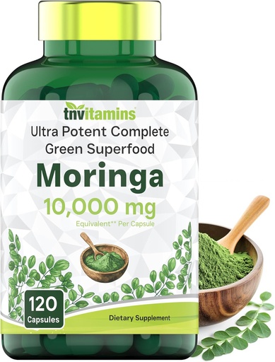 [BRSRAEA3A4MRMHLZ] tnvitamins Moringa Capsules 10,000 mg - 120 Capsules | Pure Moringa Oleifera Leaf Powder Supplement | Powerful Green Superfood | Super Greens Powder Pills | Non-GMO, Made in The USA!