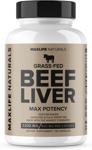 [BRSW2CY7CUHQOETF] Grass Fed Beef Liver Supplement (Desiccated) 3200mg - 120 Non-GMO Grass Fed Beef Liver Capsules for Women and Men with Vitamin A, B12 for Energy, Heme Iron Supplement by MaxLife Naturals, USA Made