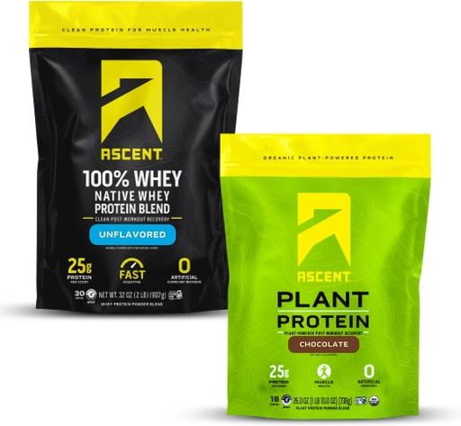 [BRSROFIOPMBRGG3V] Ascent Whey + Plant Protein Powder - Unflavored 2 lb & Chocolate 18 Servings