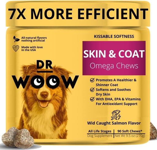 [BRSW2FL6OUHGYEL4] Omega Wild Alaskan Salmon Fish Oil 90 ct Soft Chews for Dog - Anti Itch & Coat + Allergy Support, with Kelp, Biotin, Vitamins, Zinc - Helps Itchy Skin, Dog allergies, May Reduce Shedding