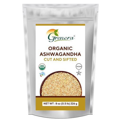 [BRSROAYDCFYRU3Y2] Grenera Organic Ashwagandha Root Cut and Sifted 8 oz, Withania Somnifera USDA Certified 3 to 5 mm Size, Best for Making Herbal Tea