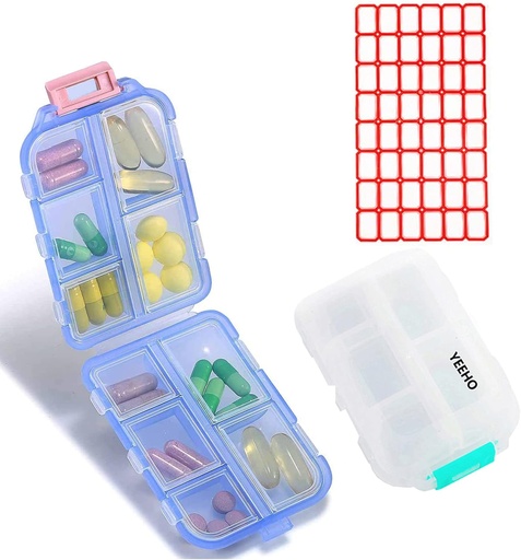 [BRSW2AQDCIARE23G] Pill Case (2 Pack) - Portabel Small Suplemen Kotak Tablet Container dengan 10 Kompartemen - Obat Penyimpanan Organisasi Vitamin untuk Travel Pocket Purse (Blue + White)