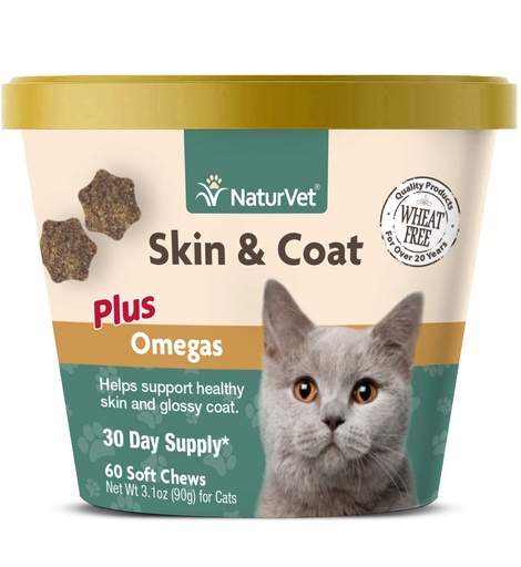[BRSWIBAGAEMQADYZ] NaturVet – Skin & Coat Plus Omegas for Cats – 60 Soft Chews | Supports Healthy Skin & Glossy Coat | Enhanced with Omega-3, Omega-6 & Biotin | 30 Day Supply