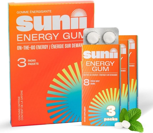 [BRSRA23RCV6QEH33] SUNII ENERGY GUM - New Quick Boost Energy " Focus - 50mg Caffeine Gum -Vitamins B6 " B12, Taurine, Vegan, No Sugar, Zero Calorie, Fresh Mint Taste - Faster Than Chews, Drinks, Gels " Pills (24pcs)