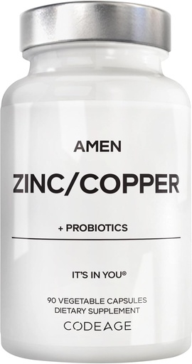 [BRSWYEACBF4GECAY] Amen supplément de zinc et de cuivre + probiotiques, 3 mois d'approvisionnement, 1 par jour - 50 mg Picolinate de zinc pilules de vitamine - suppléments minéraux essentiels – 2 milliards d'UFC probiotique – végétalien, non-OGM, 90 capsules