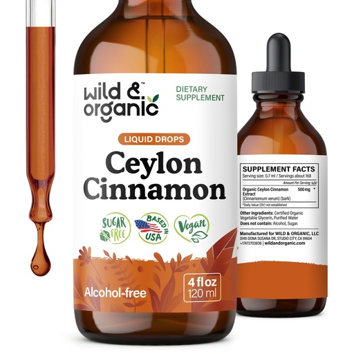 [BRSRAGQEAEFBUCLZ] Wild & Organic Ceylon Cinnamon Supplements 500mg - Antioxidant Support - Ceylon Cinnamon Drops - Add to Tea Liquid Extract - Cinnamomum Verum Bark - Unflavored, Sugar & Alcohol-Free Tincture - 4 fl oz