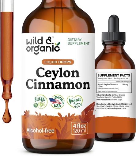 [BRSRAGQEAEFBUCLZ] Wild & Organic Ceylon Cinnamon Tinktuur 500 mg - Vedelad kaneelilisandid üldiseks toetuseks - Cinnamomum Verum Bark ekstrakt - Vegan, suhkur ja alkoholivaba, mitte-GMO - 4 fl oz