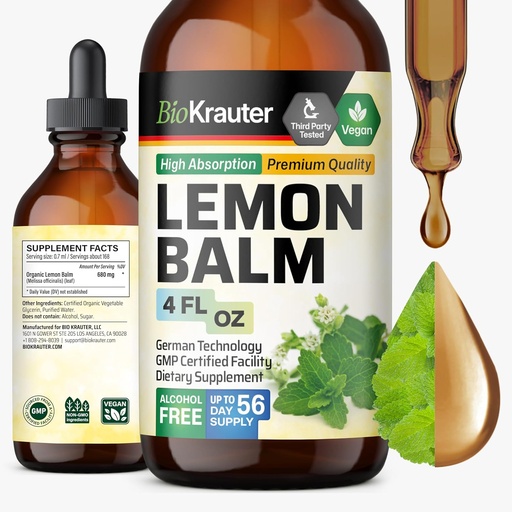 [BRSROGABBAMAMAY6] BIO KRAUTER Lemon Balm Leaf Extract - Vegan Melissa Lemon Balm Tintura para la calma Soporte - Azúcar &amp; Alcohol-Free - 4 Fl. Oz.