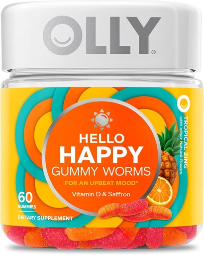 [BRSW2YAFPIPAGGQV] OLLY Hello Happy Gumi Worms, Mood Balance Support, D-vitamin, Saffron, Felnőtt rágótabletta, Trópusi Zing - 60 gróf