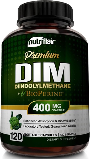 [BRSWYZYYAVYA223F] Suplemento DIM de NutriFlair 400mg con Bioperina, 120 Cápsulas - Diindolmetano - Apoio ao metabolismo de estróxenos e equilibrio hormonal, menopausa, PCOS, acne e coidado da pel para homes e mulleres - Compare a 300mg