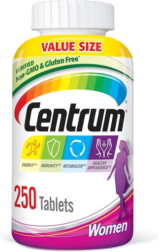 [BRSWGYAZCUMWAGTH] Kadınlar için Centrum Multivitamin, Demir, Vitamin D3, B Vitaminleri ve Antioksit Vitaminleri C ve E, Tablet, Gluten Ücretsiz, Non-GMO Malzemeler - 250 Count