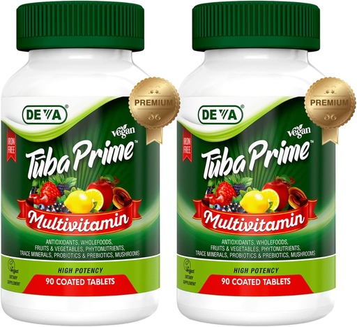 [BRSW2GIEAF6RQF3H] DEVA Tuba Prime Vegan Multivitamina de alto grao Vitamina e suplementos dietéticos minerais Antioxidantes, Fruit & Veg Blend, Super Mushrooms, Probióticos, Prebióticos, Sementes, Herbas 90 Tabs 2-Pack