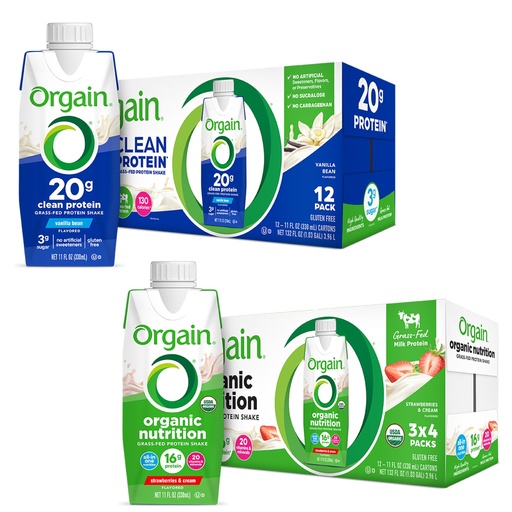[BRSWYFA3CAJQKAIY] Orgain Clean Protein Shake, Grass Fed Dairy, Vanilla Bean (Pack of 12) and Orgain Organic Nutritional Protein Shake, Strawberries & Cream (Pack of 12)