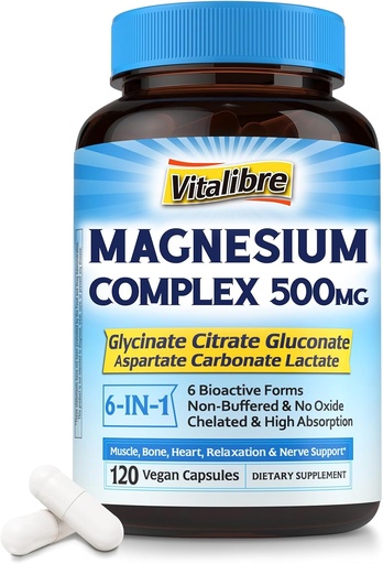 [BRSRAGIRBYHGCCQV] Magnesi complex 500mg, 6 en 1 Cheted Magnesciteni Glici, Citerat, Asparteix, Gluconte, Carbone i Lactete, Max Abst per dormir & Calma, 120 Vegan Caps, Sense Magio Oxi