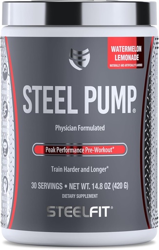 [BRSWG2YOPN6GKAI6] SteelFit Steel Pump | Advanced Pre Workout Powder & Nitric Oxide Supplement | Watermelon Lemonade, 30 Servings | for Muscle Building & Recovery | Made with Peak ATP, Ashwagandha, & Electrolytes