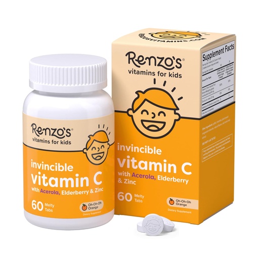 [BRSWYZANAUOWMG3B] Renzo's Invincible Kids Vitamin C with Elderberry Vitamin C and Zinc, Dissolvable Kids Vitamins for Immune Support, Sugar-Free Melty Tabs, Orange Flavor, 60-Count (1-2 Month Supply)
