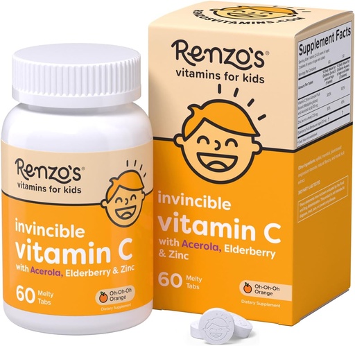 [BRSWYZANAUOWMG3B] Renzo's Invincible Vitamin C Yaşlılıq və sink ilə Uşaqlar üçün, Immune Support üçün Dissolvable Uşaqlar, 60 Orange-Flavored Melty Tabs