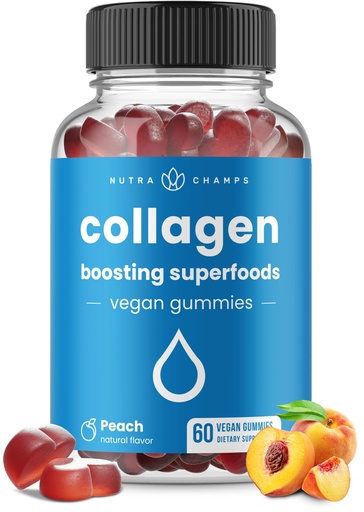 [BRSROEL3DEPAYFLL] NutraChamps Collagen Boosting Gummies, Collagen Booster Gummy for Natural Collagen Production, Vegan Pectin Supplements Chews for Women & Men, 60 Peach Vitamins Gummies