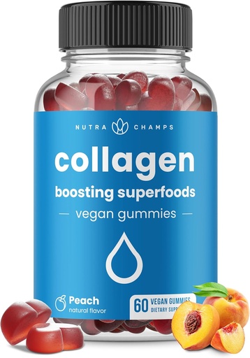 [BRSROEL3DEPAYFLL] NutraChamps Collagen Boosting Gummies, Collagen Booster Gummy for Natural Collagen Production, Vegan Pectin Supplements Chews for Women &amp; Men, 60 Peach Vitamins Gummies