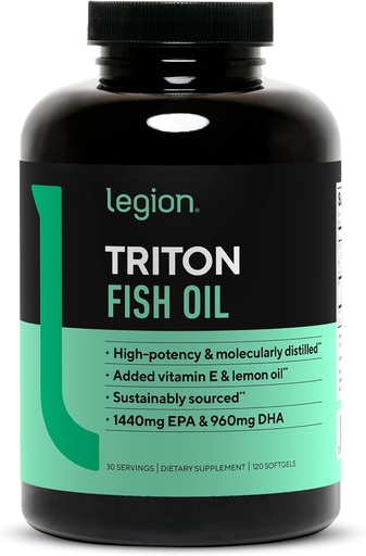 [BRSWKFI2OV6R4DDK] LEGION Triton Fish Oil Capsules - Triple Strength Omega 3 ácidos grasos esenciales con vitamina E &amp; aceite de limón para la absorción máxima, frescura & pureza - 2400mg EPA & DHA Por ser, 30 Svgs