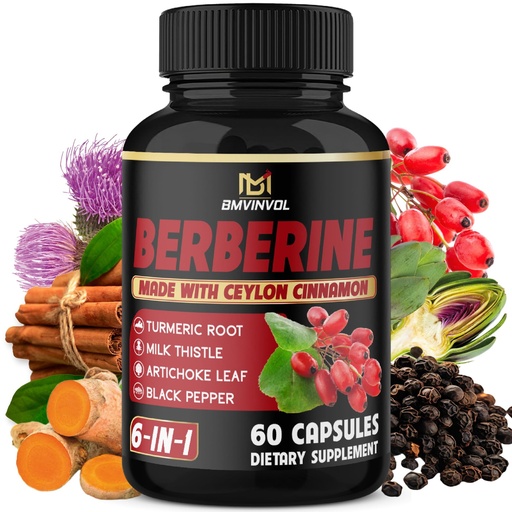 [BRSW2YYEOZ7WEHYZ] Berberine with Ceylon Cinnamon, Turmeric, Milk Thistle, Artichoke, Black Pepper - 60 Count - Pack of 1