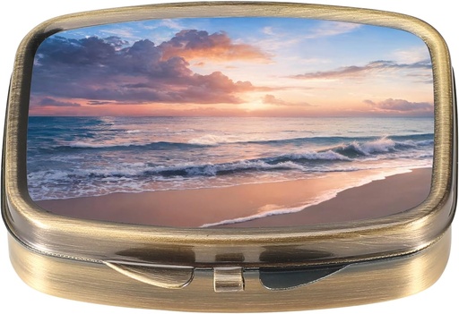 [BRSRA2Y7PIFAGYI6] Dynippy Pill Case Pill Box with Mirror Retro Pocket 2 Compartment Medicine Case Vitamin Pill Organizer for Pocket Purse and Travel (Retro- Beach Sunset)