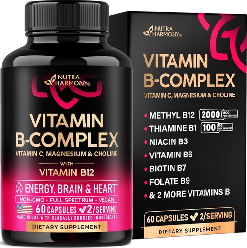 [BRSRMBQ5OABRODLL] Vitamin B Complex for Men & Women - Riboflavin B2, B12, B1, B3, B5, B6, B7, B8, B9 | Vitamin C, Choline, Inositol - B-Complex Supplement - Energy, Brain & Heart Support - Made in USA, 60 Vegan Caps