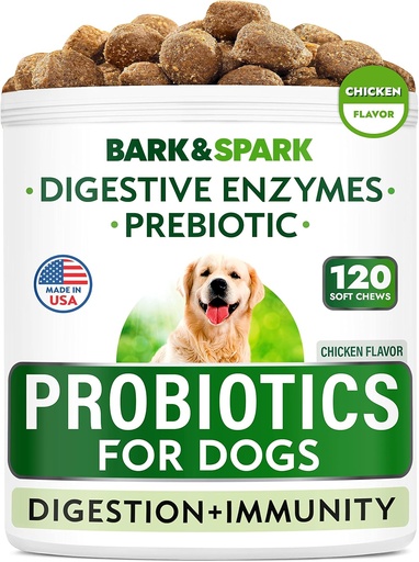 [BRSROCD6AQJQKDT7] BARK&SPARK Dog Probiotic Chews - Gas, Diarrhea, Allergies - Enzymes + Prebiotics - Chewable Fiber - Digestion, Immunity - USA Made - 90 Ct - Chicken