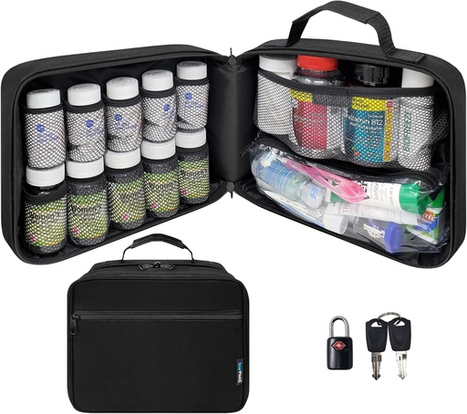 [BRSWYYYZDEPAE3TG] Grote gewatteerde pil Flessen Organisator, Medicine Bag, Case, Carrier voor Medicijnen, Vitaminen, en Medical Supplies - Travel Medicine Organizer en Home Storage Med Bag - Zwart (met TSA Lock)
