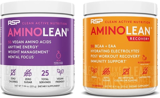 [BRSW2EANAQHAYALA] RSP NUTRITION Vegan AminoLean Pre Workout Energy (Acai 25 Services) με AminoLean Recovery Post Workout Boost (Blood Orange 30 Services)