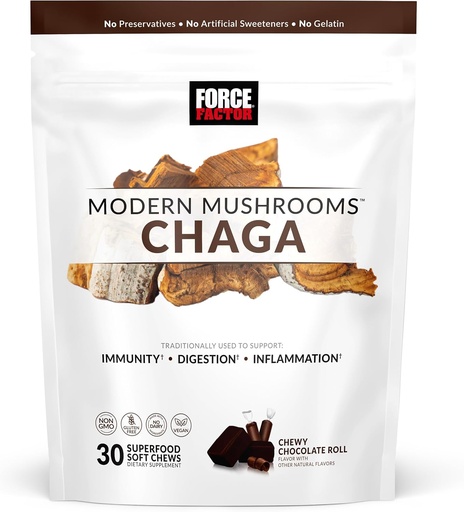 [BRSROFI7BUPW22YZ] FORCE FACTOR Perretxiko bigunak, Chaga onddoen osagarria immunitatea, digestioa eta osasun osasuntsua, antioxidatzaileen osagarria, Delicious Chewy Chocolate Roll Flavor, 30 Txiw bigunak