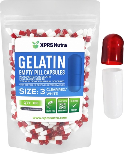 [BRSWY2Q6OUJQ42D4] XPRS Nutra Size 3 Empty Capsules - 100 Count Empty Gelatin Capsules - Pills DIY Capsule Filling - Pure Bovine Pill Gel Caps Fillable for Do-It-Yourself Vitamins and Supplements (Clear Red/White)