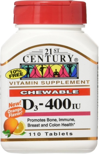 [BRSWIZIIO4PBGHDO] 21st Century Chewable Vitamin D3, Orange, 10 mcg (400 IU), 110 Tablets