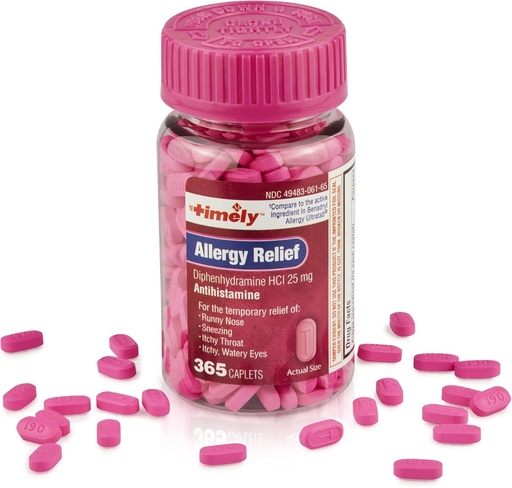[BRSW2GD4ABYQIGTB] Timely Allergy Relief Diphenhydramine HCl 25 mg - 365 Caplets - Compared to Benadryl Allergy Ultratab - Antihistamine - Allergy Medication - Runny Nose Relief for Adults - Watery Eyes Treatment