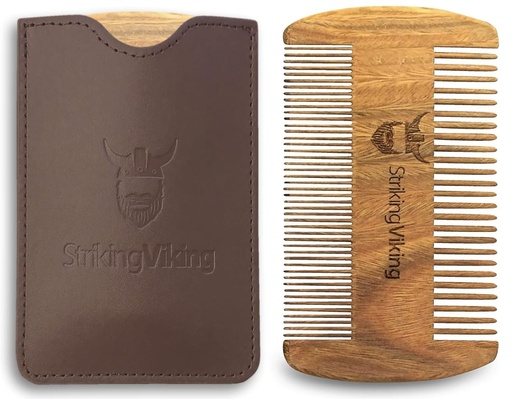 [BRSWKYABC4DRWHI3] Striking Viking Sandalwood Beard Comb & Case - Pocket-Sized Grooming Tool with Fine & Coarse Teeth, Perfect for Use with Balms & Oils