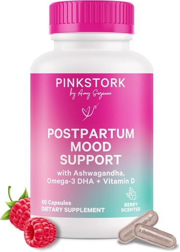 [BRSWGHYNBNYGMADO] Pink Stork Postpartum Mood Support - Qadınlar üçün Postnatal Hormon Balance - Emallıq - Stres və Bilişsel Yardım, Yeni Ana Essentials - Ashwagandha, Chamomile, & Vitamin D, 60 Kapsüller