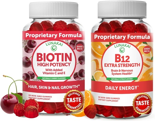 [BRSW2HALB4AROALX] Lunakai Biotin and Vitamin B12 Gummies Bundle - Hair Skin and Nails Growth Gummies with Vitamin C and E - Non-GMO & Vegan Supplement for Energy Support and Bone Health - 30 Days Supply