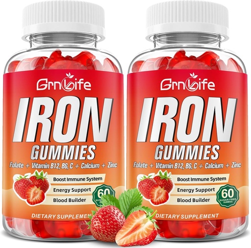 [BRSRAGD3DMOR6C3P] Gummies de hierro para mujeres, hombres y niños, suplemento de hierro sin azúcar con calcio, zinc, folato " Vitamin B12, C, B6 - para el edificio de sangre " Apoyo energético, anemia, fresa, 120 Condes