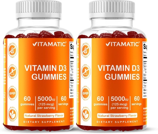 [BRSW22YNCIOQIHYY] Vitamatic Vitamin D3 Gummies – 5000 IU Per Gummy | 60 Gummies per Bottle | Pack of 2 (Total 120 Count) Great Taste | Supports Bone, Teeth, Mood, Joint & Immune Health