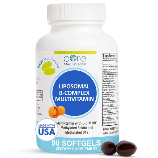 [BRSWGYIQDIDRYCT6] Core Med Science Liposomal Methylated Multivitamin B-Complex, 90 Softgels - Non-GMO Active Super B Complex Vitamin Supplement for Heart Health - VIT Methyl B Complex Immune Support Supplement