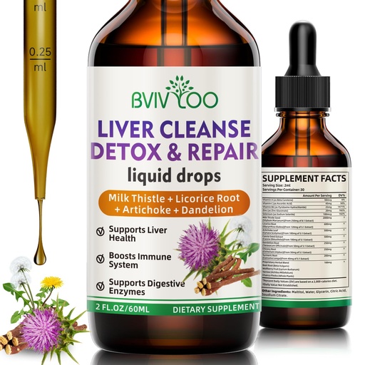 [BRSRA2YRC4AWODT3] Liver Cleanse Detox & Repair Liquid Drops - 2000mg Milk Thistle, Dandelion Root, Artichoke, Silymarin Extract, & Turmeric Herbs - Vegan, Non-GMO - 2 Fl Oz (60ml) Bottle