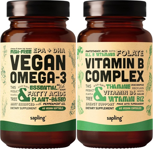[BRSW2HYTCUOR4DQV] Vegan Omega 3 & Vegan Vitamin B Complex Bundle - Plant-Based DHA & EPA Fatty Acids, Essential B Vitamins with Whole Food Blend, B1, B2, B3, B5, B6, B7, Folate