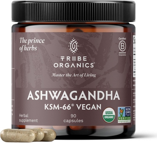 [BRSWYY32CRYBS2Q6] TRIBE ORGANICS Vegan Ashwagandha KSM 66 Pure Organic Root Powder Extract Ayurvedic Supplement - Focus Mood Support Aumentare la resistenza all'energia 600mg di Natural KSM66 per l'assorbimento superiore - 90 capsule
